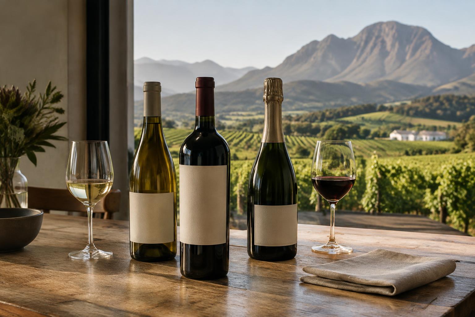 Red, white and sparkling private-label wines in a Western Cape tasting room